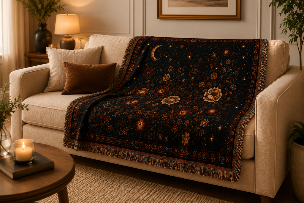 Celestial Floral Woven Blanket — Moon & Star Garden Throw