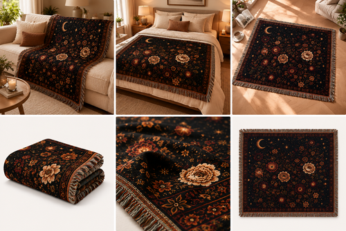 Celestial Floral Woven Blanket — Moon & Star Garden Throw