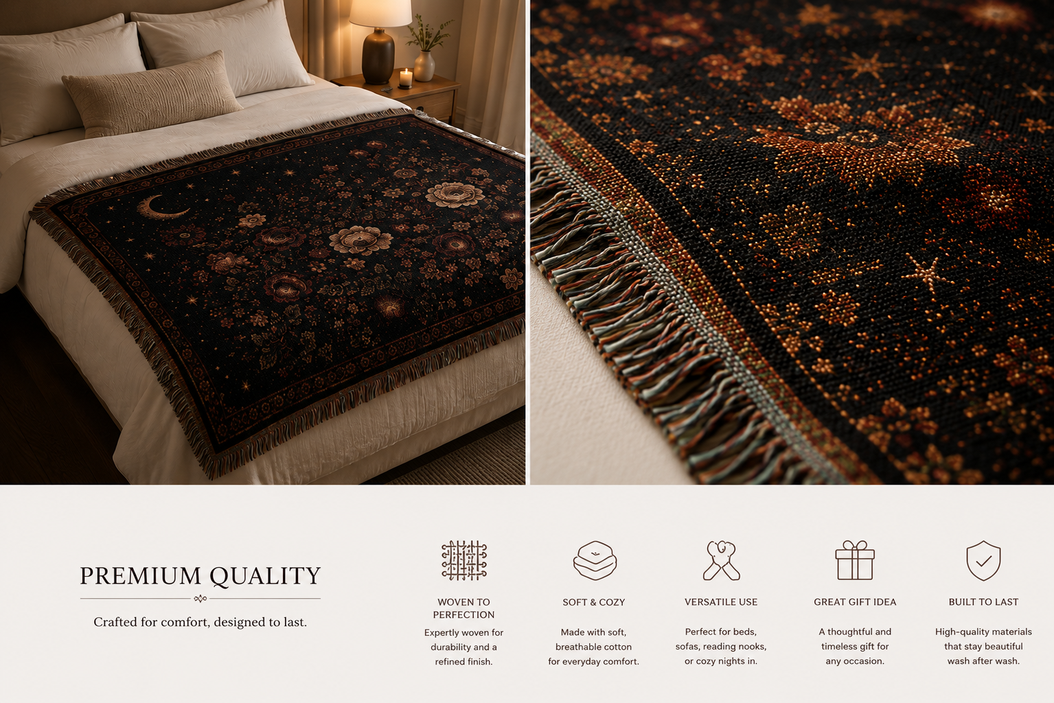 Celestial Floral Woven Blanket — Moon & Star Garden Throw